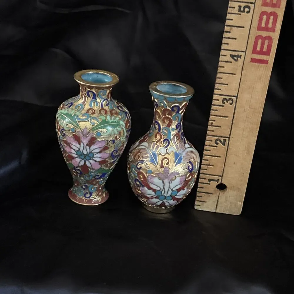 2 Vintage Cloisonné Vase Set Mini Vases Vibrant Blue Pink Gold Floral Design 3”